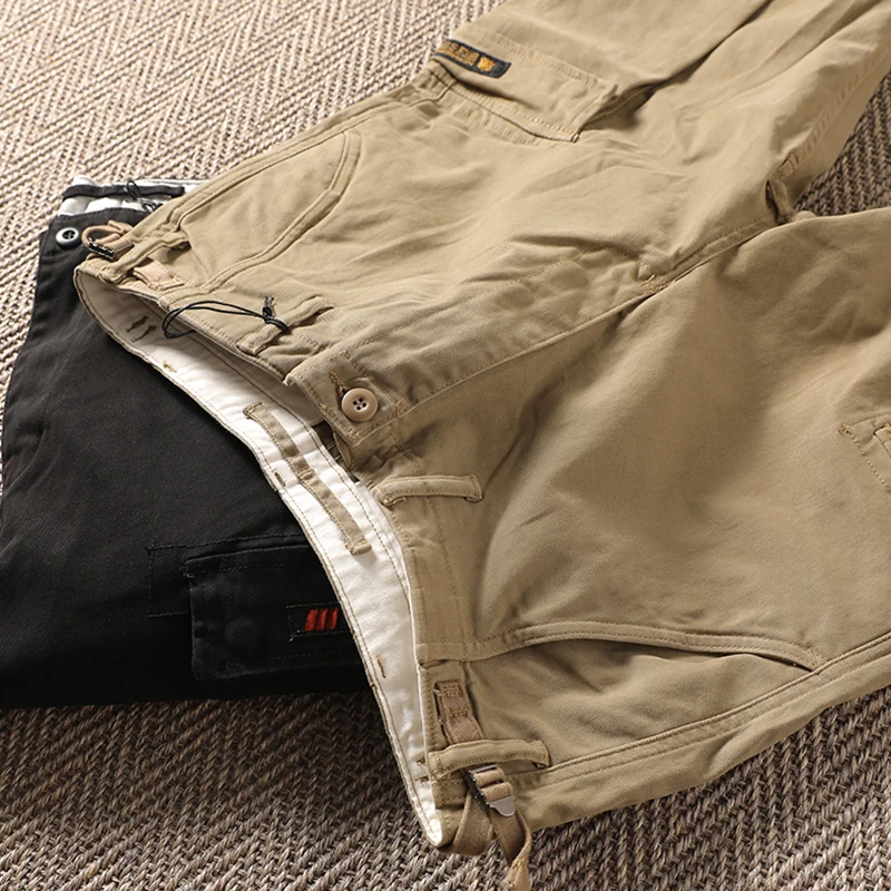 

Autumn Winter Thick Washed Pure Cotton Cuffed Work Pants Trendy Men's Slim Fit Stretchy Multi Pocket Casual Trousers