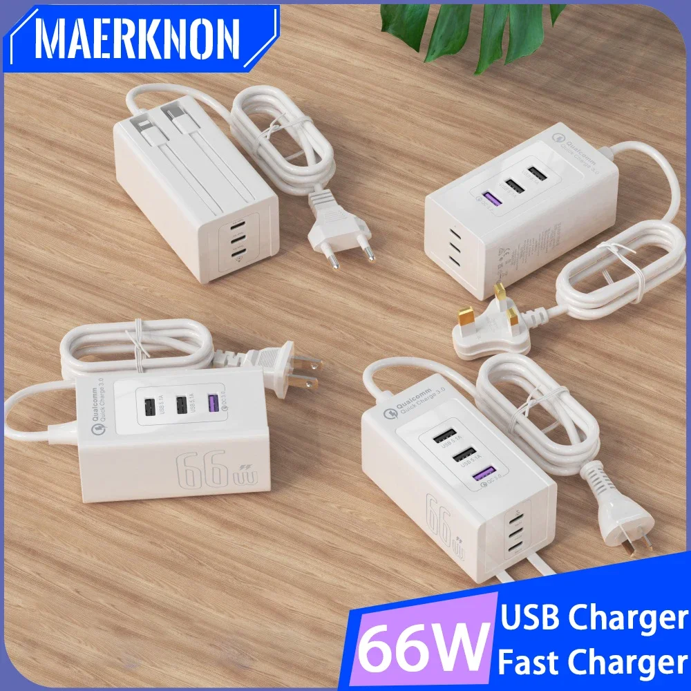 6 Ports 66W Fast Charging Charger 3 USB 3 Type C Desktop Multifunction Power Charger Adapter For Home Office School Travel Room