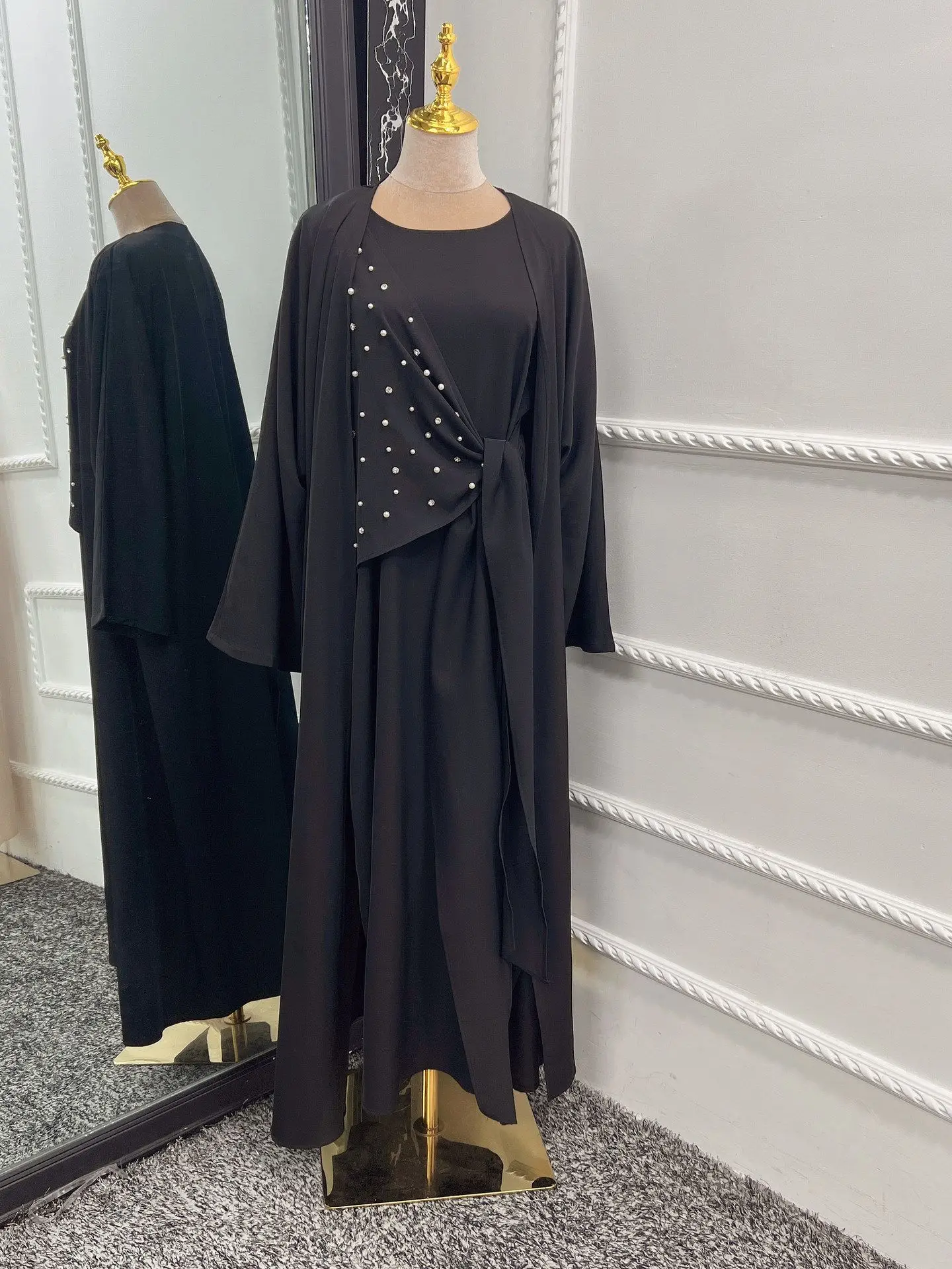 Ins Djellaba Muslim Sets2 Pieces Hand made Dimond Muslim Suits Elegant Long Islamic Women Modest Wear Clothing EID Sets WY925