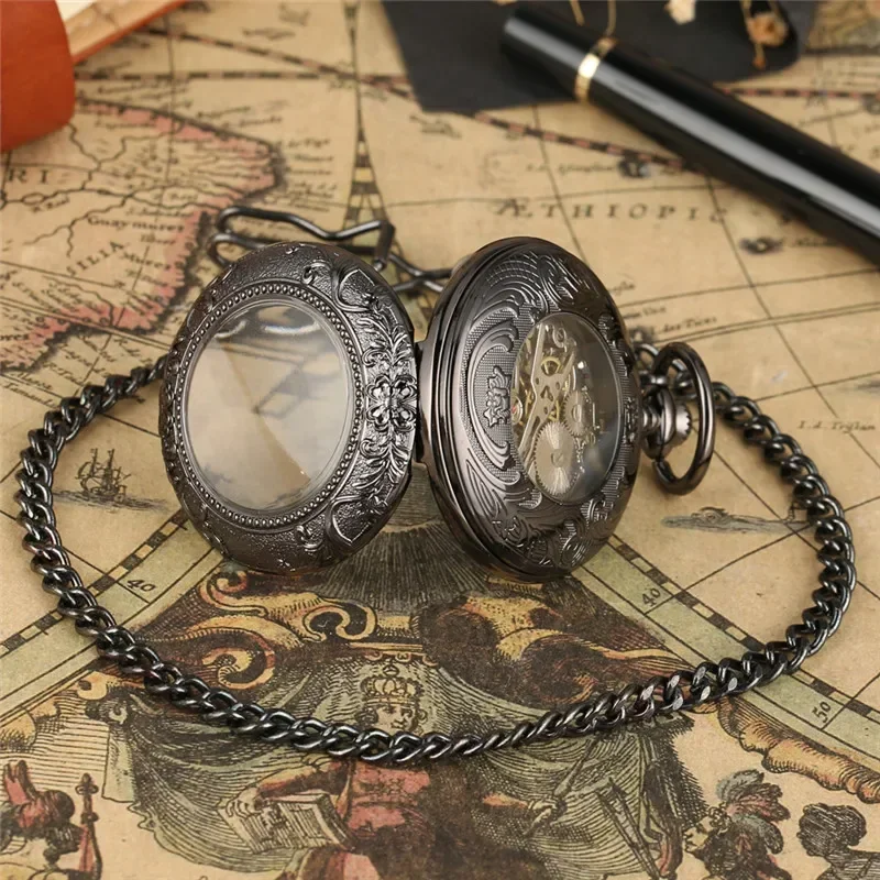 Antique Black Skeleton Unisex Mechanical Hand Wind Poket Watch Transparent Glass Steampunk Roman Number Clock Fob Pendant Chain
