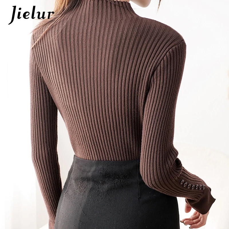 New Semi Turtleneck Women\'s Sweaters Pullover Korean Slim Warm Basic Knitwear Fall Brown Black Sweater Female Button S-XL