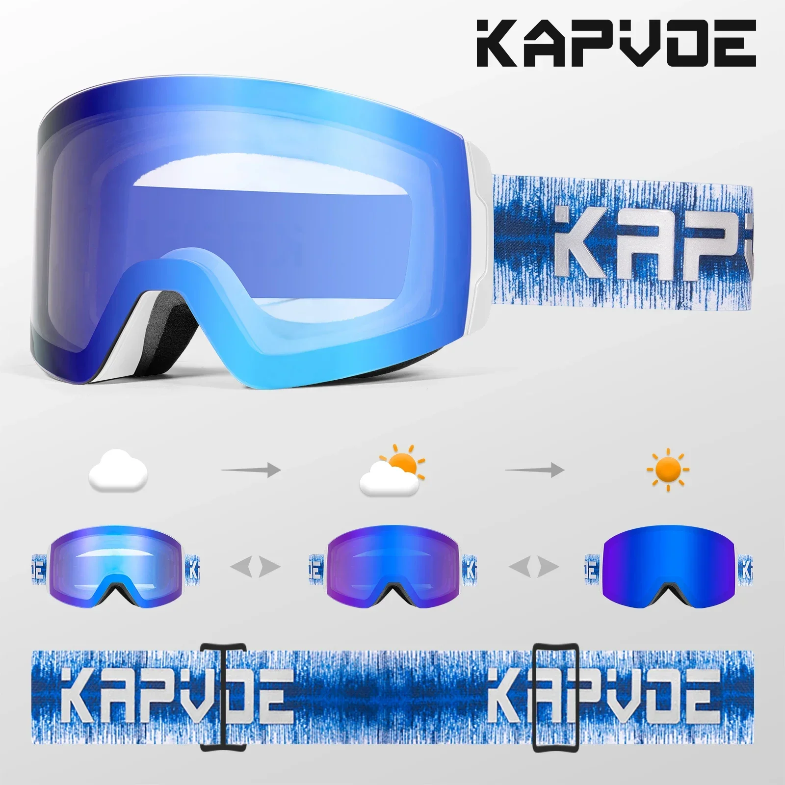 Kapvoe Photochromic Ski Goggles Magnetic Anti-Fog Lenses UV400 Protection Men Women Ski Goggles Winter Sports Eyewear