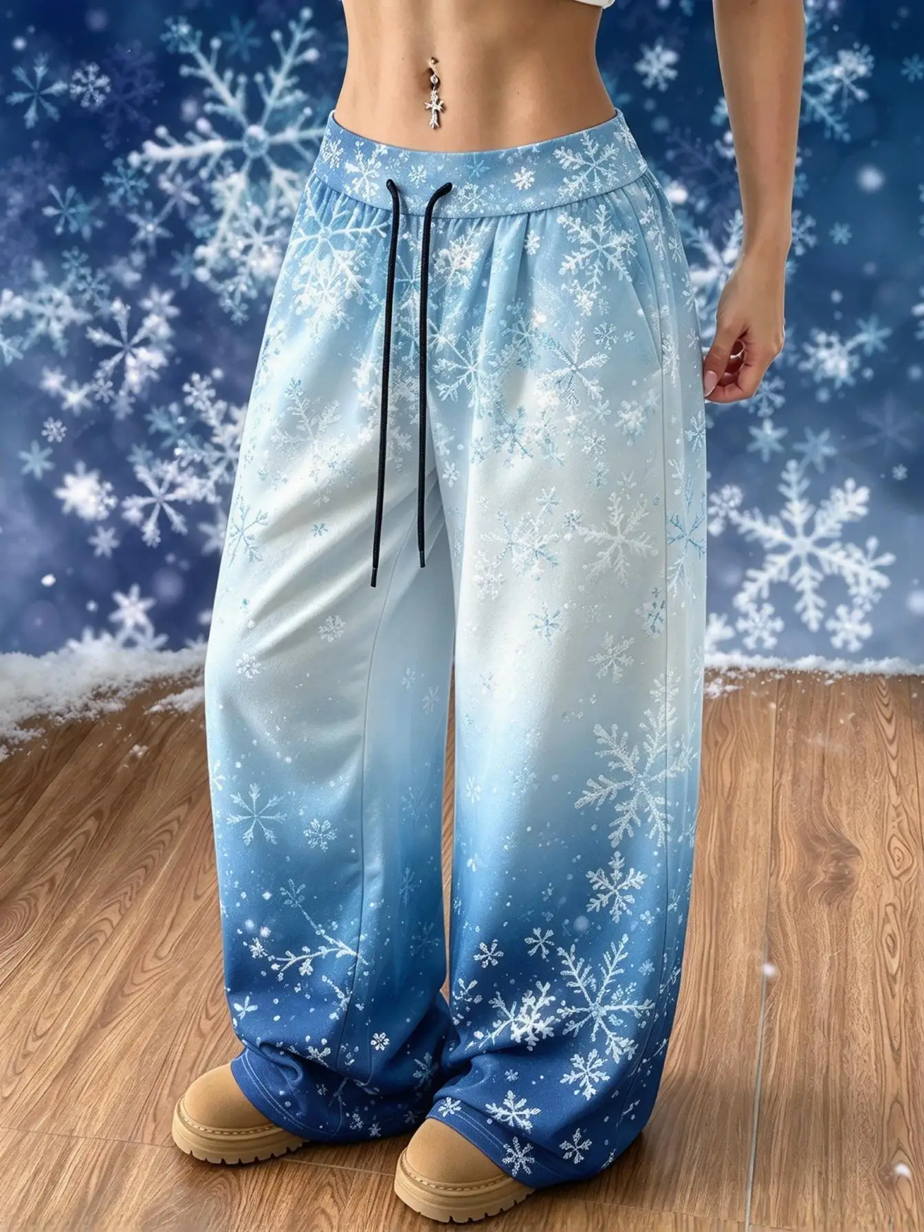 Women Low Waist Wide Leg Sweatpants Christmas Gradient Snowflake Print Drawstring Loose Casual Trousers