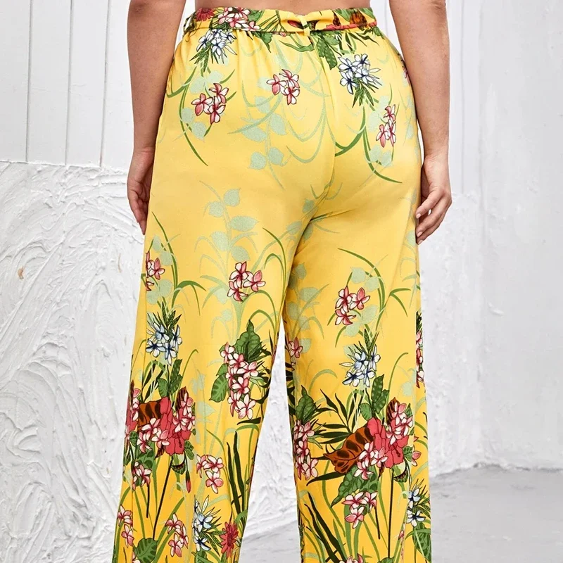 Plus Size Floral Print Summer Elegant Wide Leg Pants Elastic Waist Sashes Casual Yellow Boho Pants Trousers Large Size 6XL 7XL