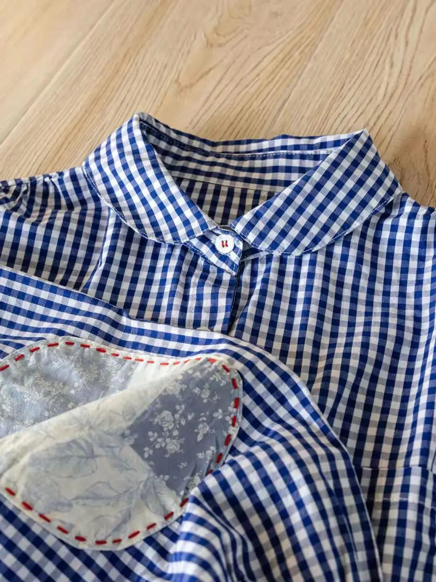 

Casual Style Women's Loose Long Sleeve Shirt Cotton Plaid Collar Patchwork Spring Summer Fashionable Youthful Dreaming Poem