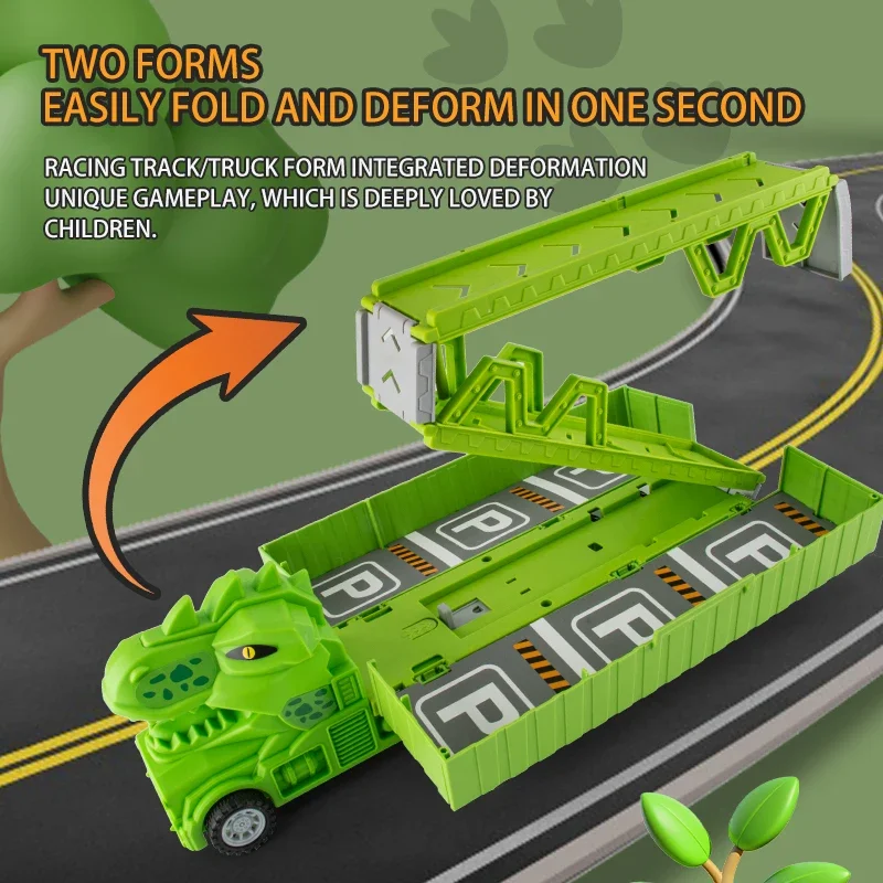 Set di auto contenitore per dinosauri di grandi dimensioni Auto ferroviaria pieghevole Auto di stoccaggio per bambini Auto per espulsione giocattolo Regalo di compleanno per ragazzo