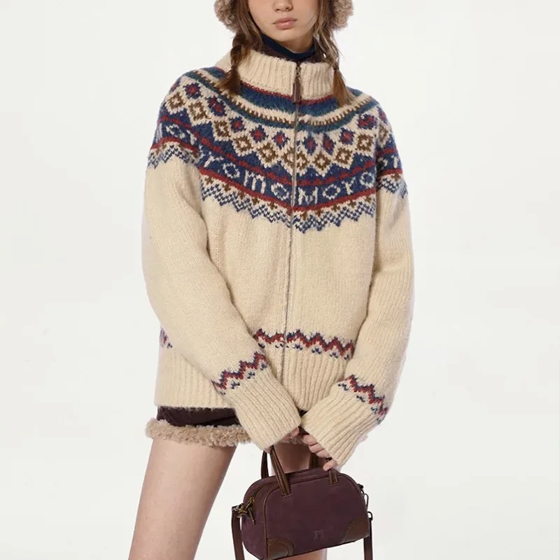 Fair Isle Cardigan feminino novo vintage padrão de Natal casaco de malha gola alta jaqueta quente de grandes dimensões