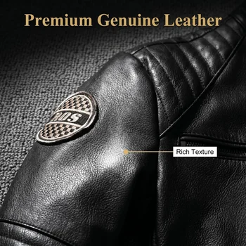 Genuine Cowhide Leather Biker Jacket Men's Slim Fit Short Motorcycle Coat Embroidery 3