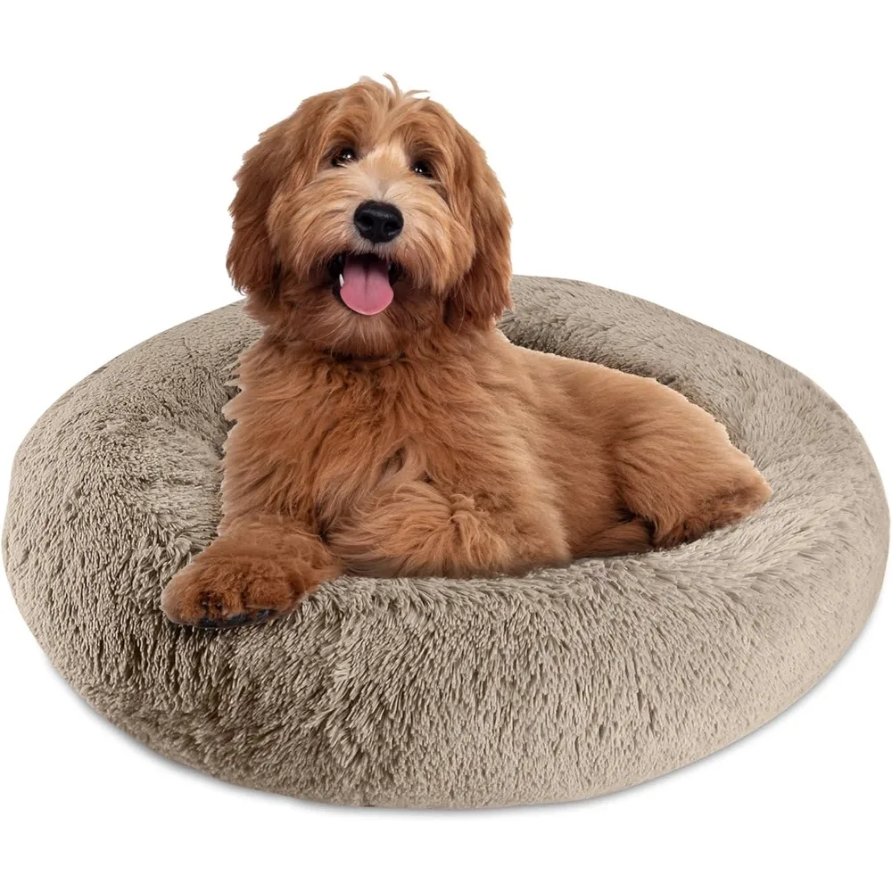 Donut Round Pet Dog Bed Memory Foam Calming Reduce Anxiety - Shaggy Vegan Fur Assembled USA