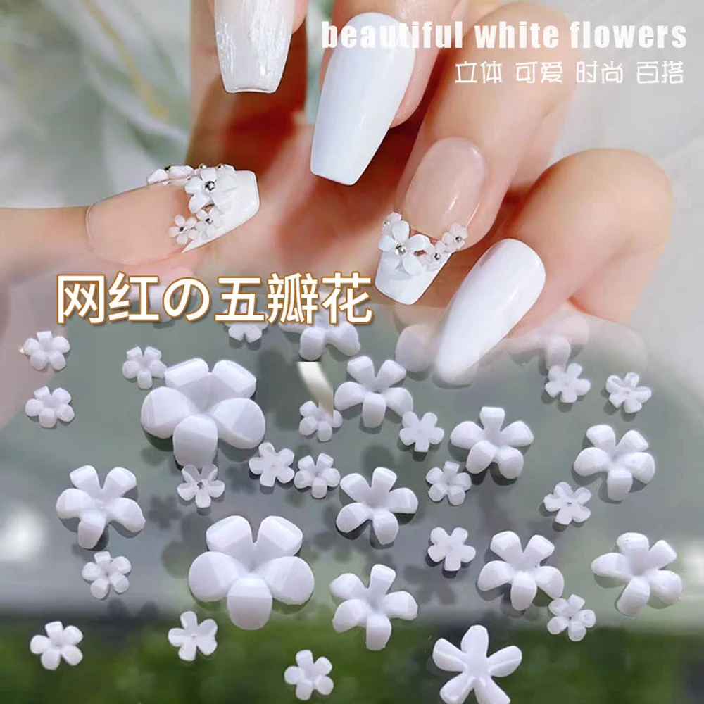 Bulk 100pcs 3/6/9mm Mixed Acrylic Flower Nail Charms Colorful Five-Petal Flower 1mm Mini Gold/Silver Beads Nail Art Decoration