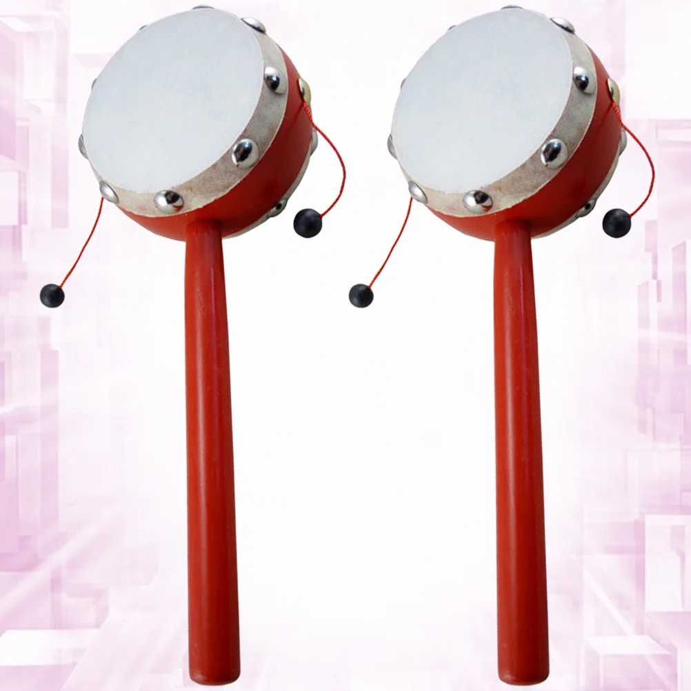2Pcs Traditional Rattle Drum Baby Hand Bell Durable Painted Sheepskin Surface Infant Hearing and Hand Flexibility Training