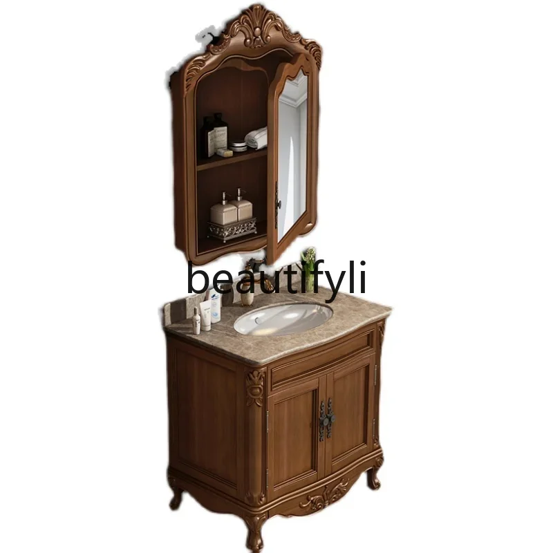 

ss25 Small apartment European bathroom cabinet mirror cabinet marble oak, floor-to-ceiling solid wood washstand red oak