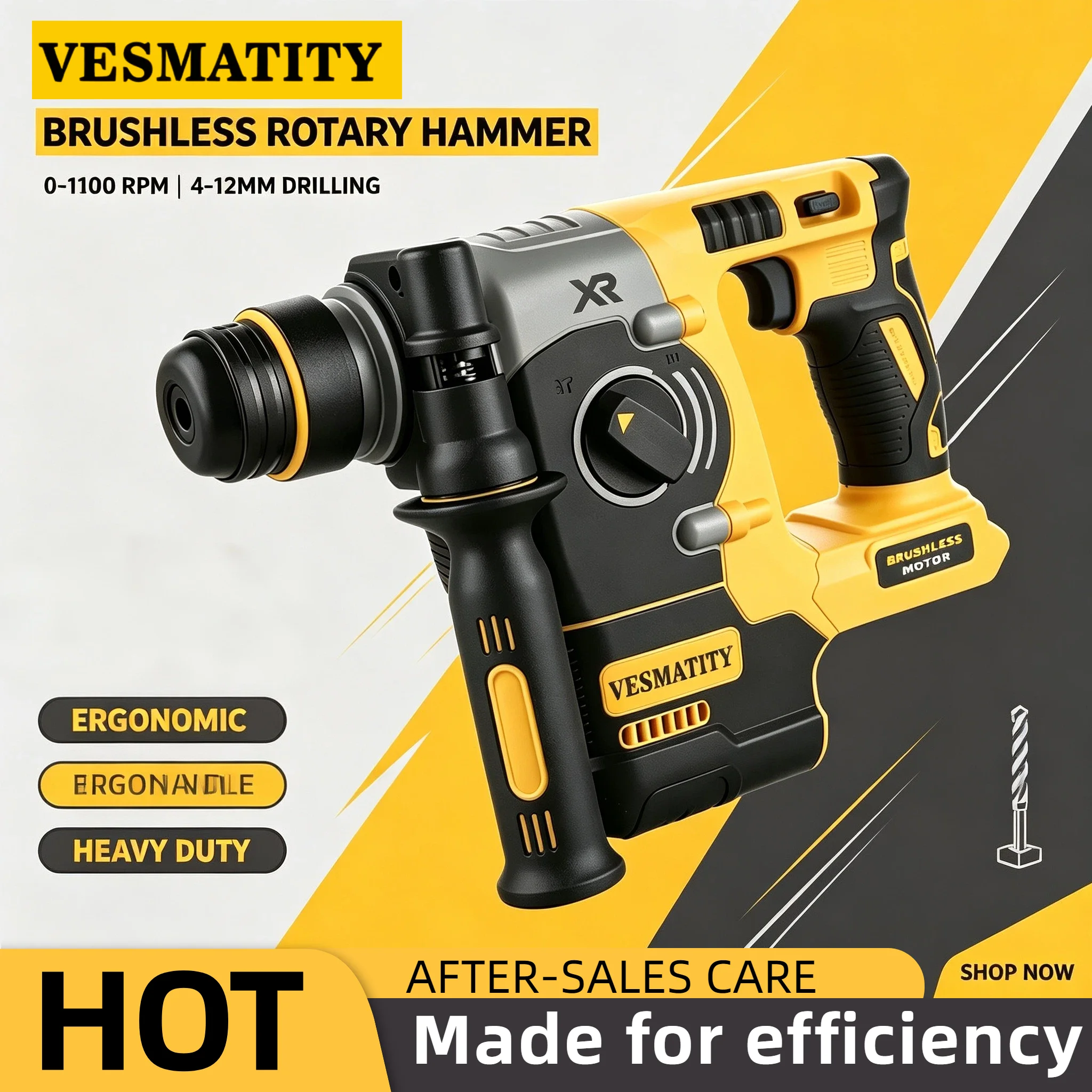 Vesmatity Rotary Hammer Drill DCH273 Brushless SDS-Plus 2.1J Impact Energy 360° Rotatable Handle 18V Battery Max Pro