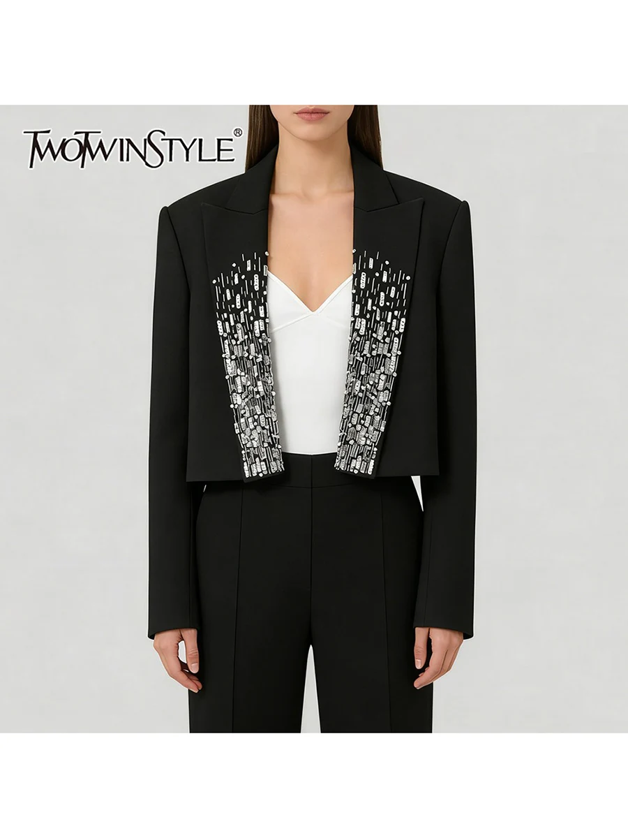 

TWOTWINSTYLE Solid Spliced Beading Luxurious Blazers for Women Lapel Long Sleeves Temperament Short Blazer Female Clothing New