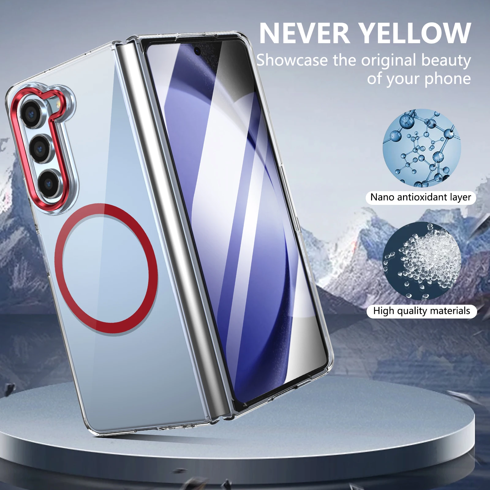 

For Samsung Galaxy Z Fold 5 PC Metal Lens Ring HD High Transparency Glass Front Film Anti Fingerprint Magnetic Phone Case