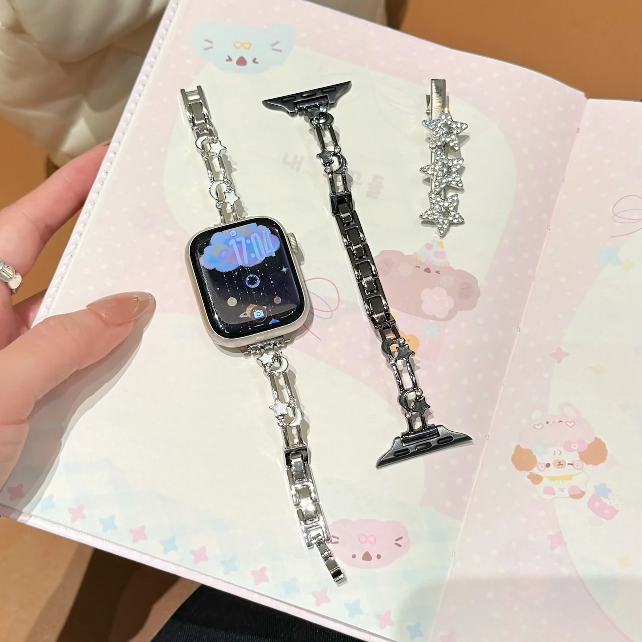 Cute Star Moon Metal Chain Strap For Apple Watch Ultra SE 11 10 9 8 7 Elegant Bling Rhinestone Decor Women Wristband Favorite
