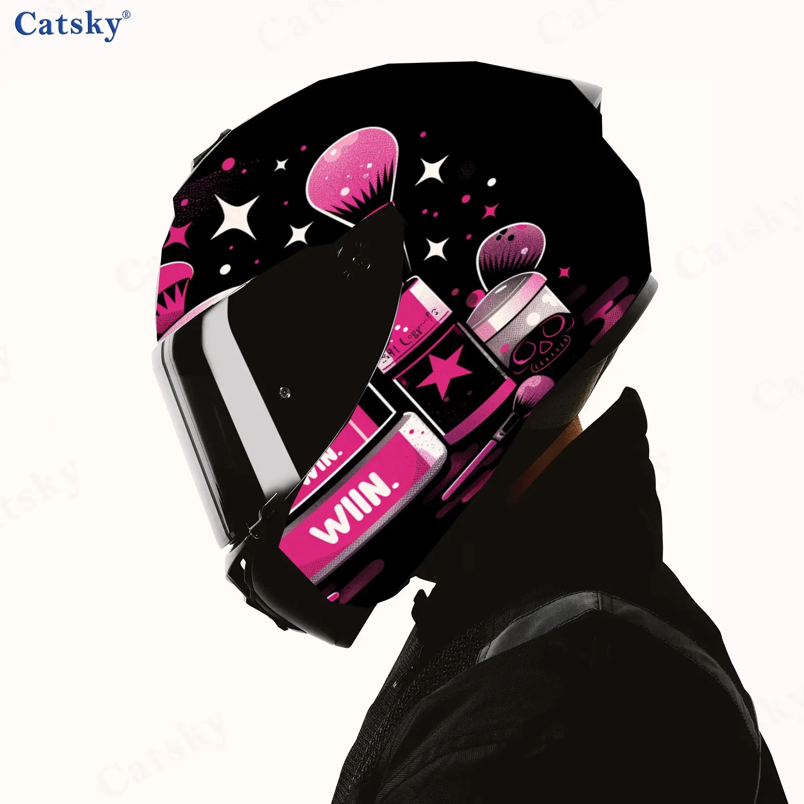 ピンク - メイクアップスカルパターンヘルメットステッカー、PVC素材の多機能ヘルメットステッカー、傷つきにくく色褪せにくい、簡単