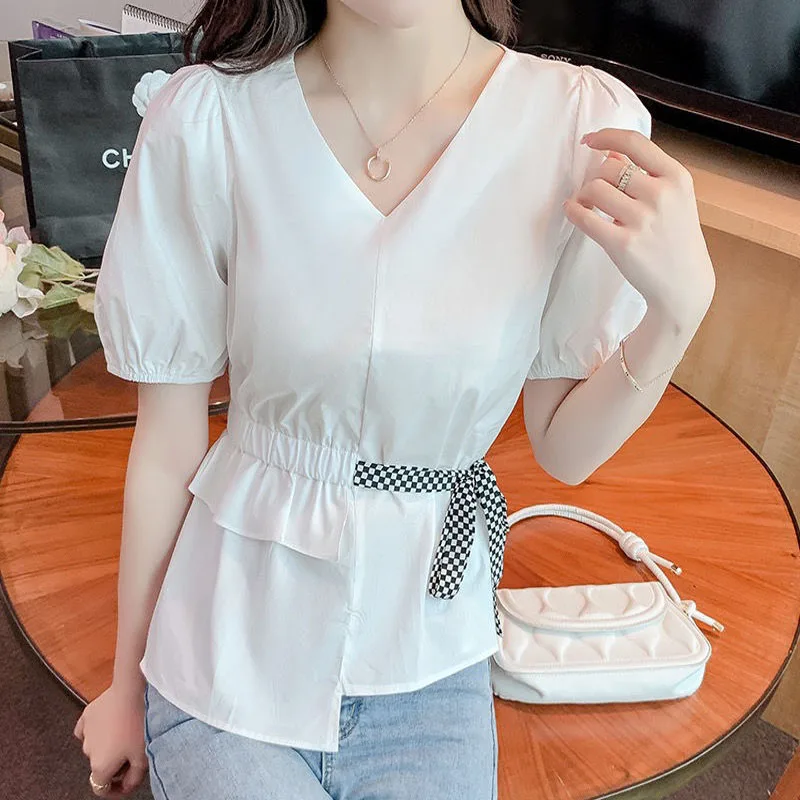 Korean Solid Color Slim Bandage V-Neck Blouses for Women 2023 Summer Puff Sleeve Fashion Ruffles Spliced Irregular Elegant Shirt