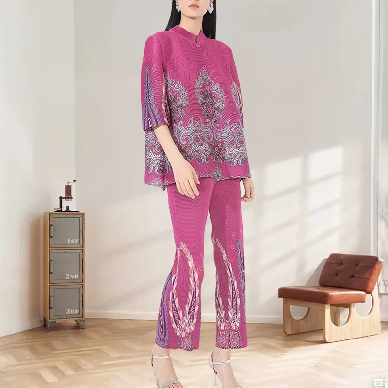 

Miyake Pleated Pants Set Plisse Set 2025 New Print Stand-up Collar Fold Top Pleat Straight Leg Trousers 2-piece Set Pleats