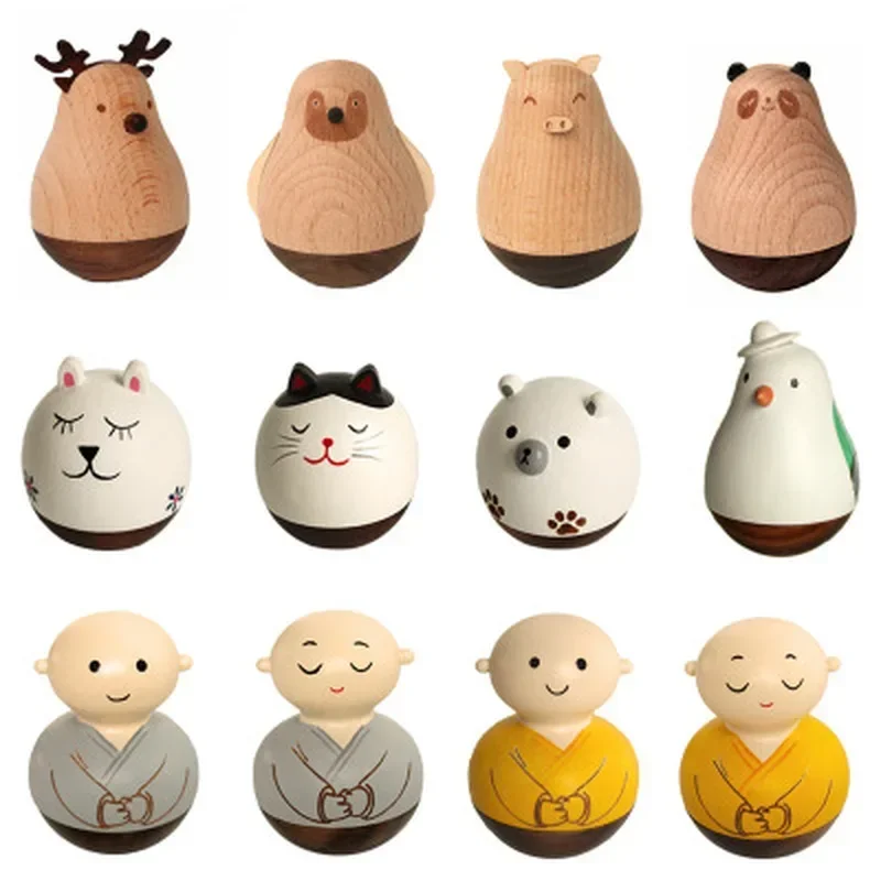 

Wooden Tumbler Cartoon Doll Toy Funny Roly-Poly Elk Penguin Animal Figurines Home Office Desk Decoration Ornament Christmas Gift
