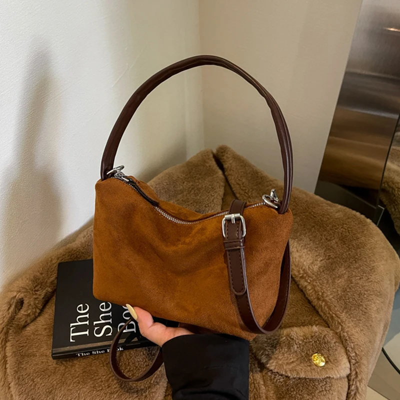 High Quality Brand Luxury Handbag For Women Casual Fashion Faux Suede Crossbody Bag Brown Women Double Shoulder Strap Dual Use