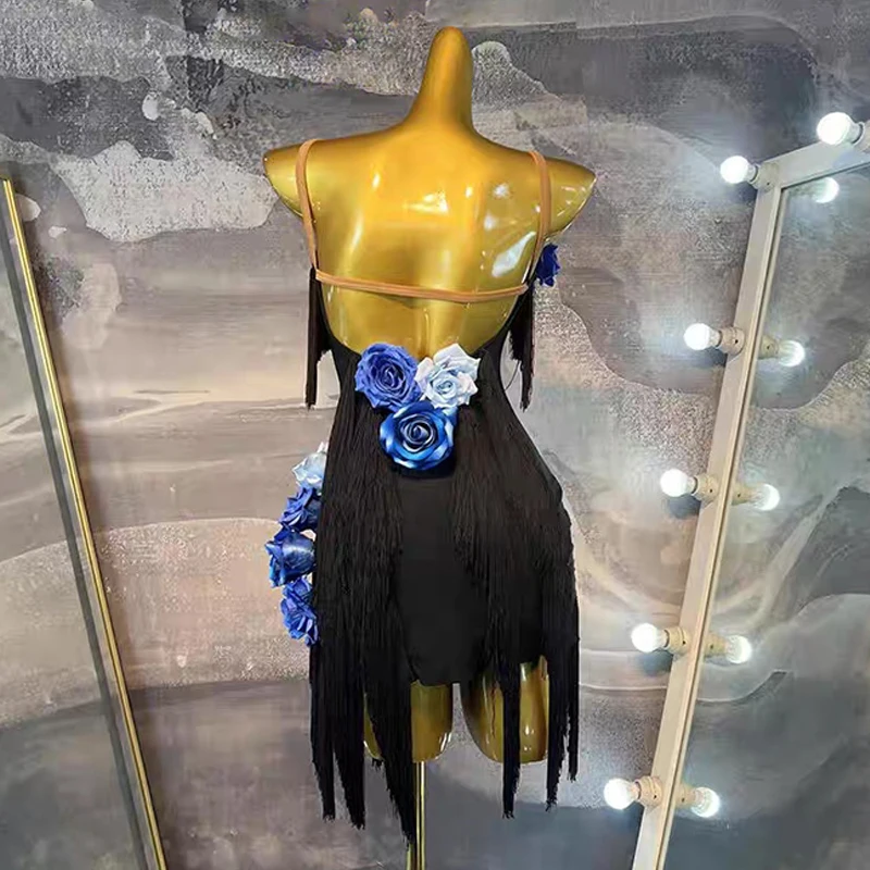 Latin Dans Kostuum Vrouwen Meisjes Bloem Fringe Zwarte Jurk Concurrentie Jurk Backless Cha Cha Samba Rumba Dans Kleding BL16831