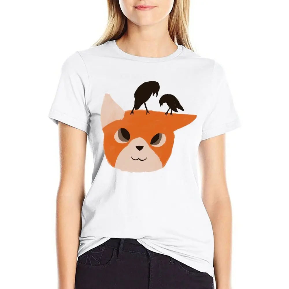 Cute Fox with Birds on Its Head Fo T-shirt Round Neck Move Top Tee Vintage Home Funny Sarcastic