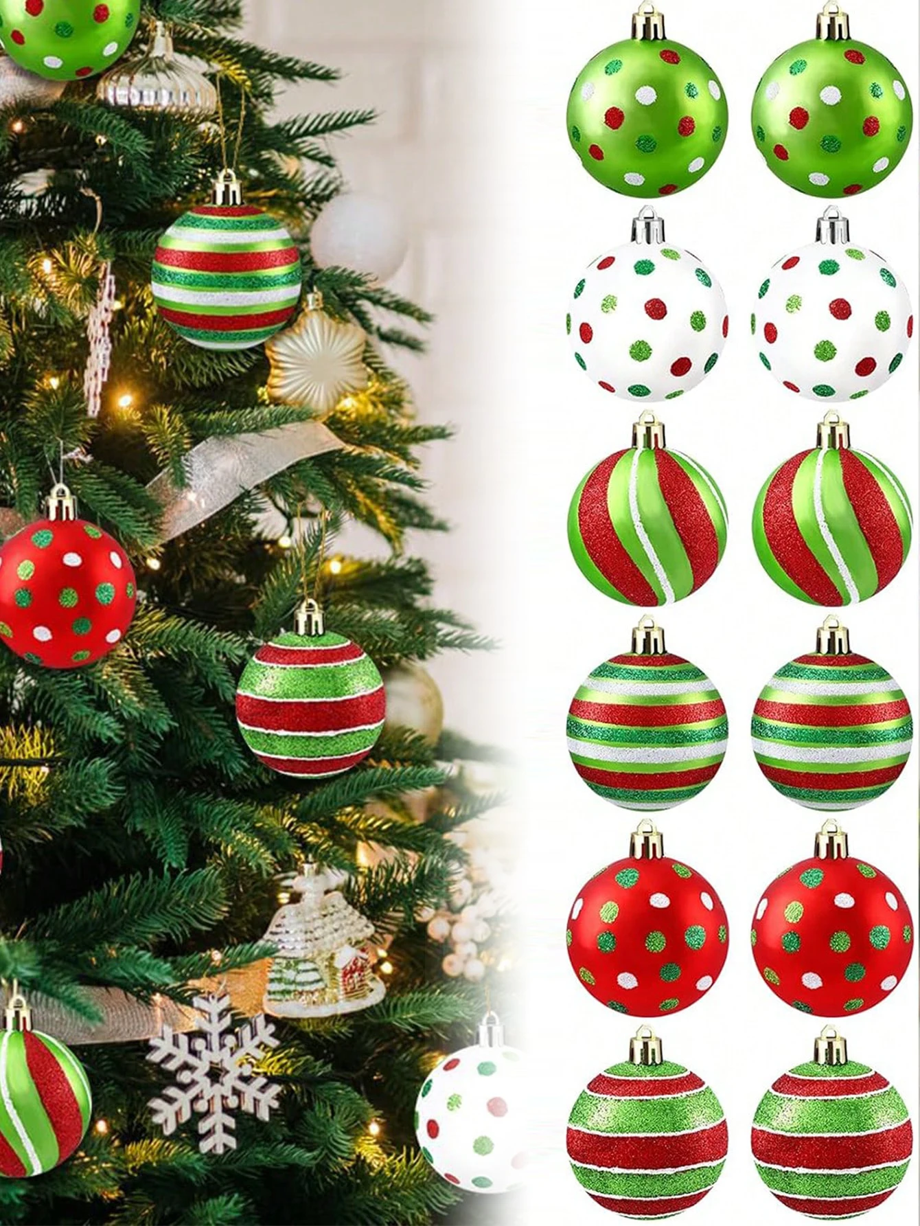 12Pcs Christmas Ball Hanging Ornaments, Colorful Glitter Polka Dot & Striped Baubles, Festive Xmas Tree Decor for Home & Party