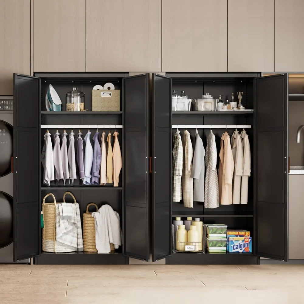 Metal Storage Cabinet with Hanging Rail, Black Wardrobe Closet, Cabinet with Two Doors