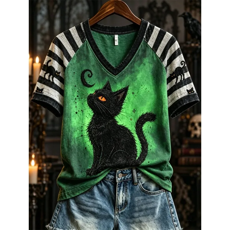 Halloween Witch Black Cat V Neck Jersey 3D Print Crescent Moon Star Graphic Raglan Short Sleeve Unisex Casual Tee Adults Kids