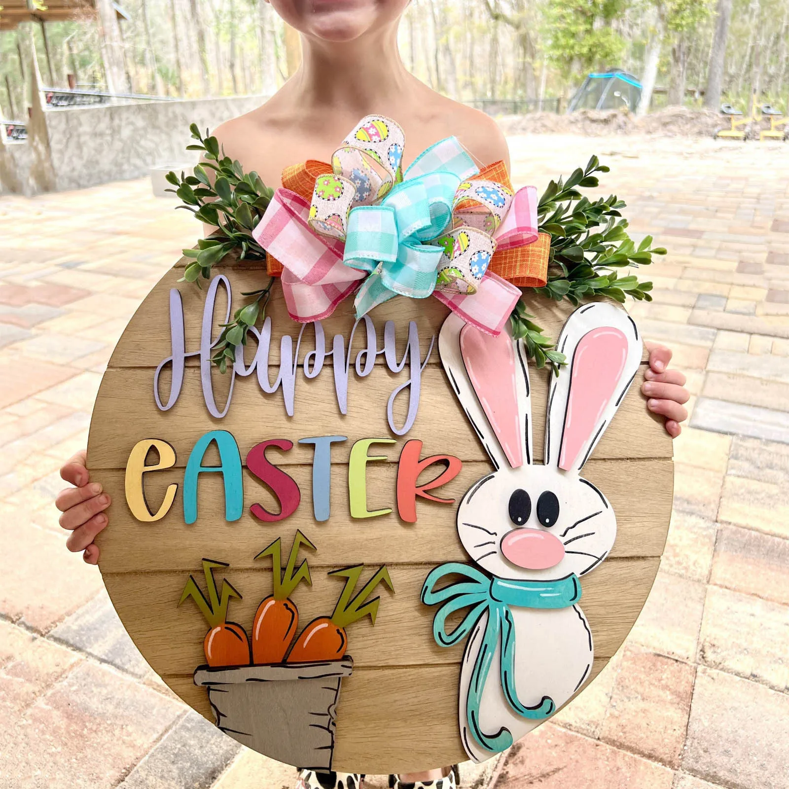 

Easter decoration, door decoration, home wall decoration, rabbit garland hanging, circular wooden Easter egg hanging in front