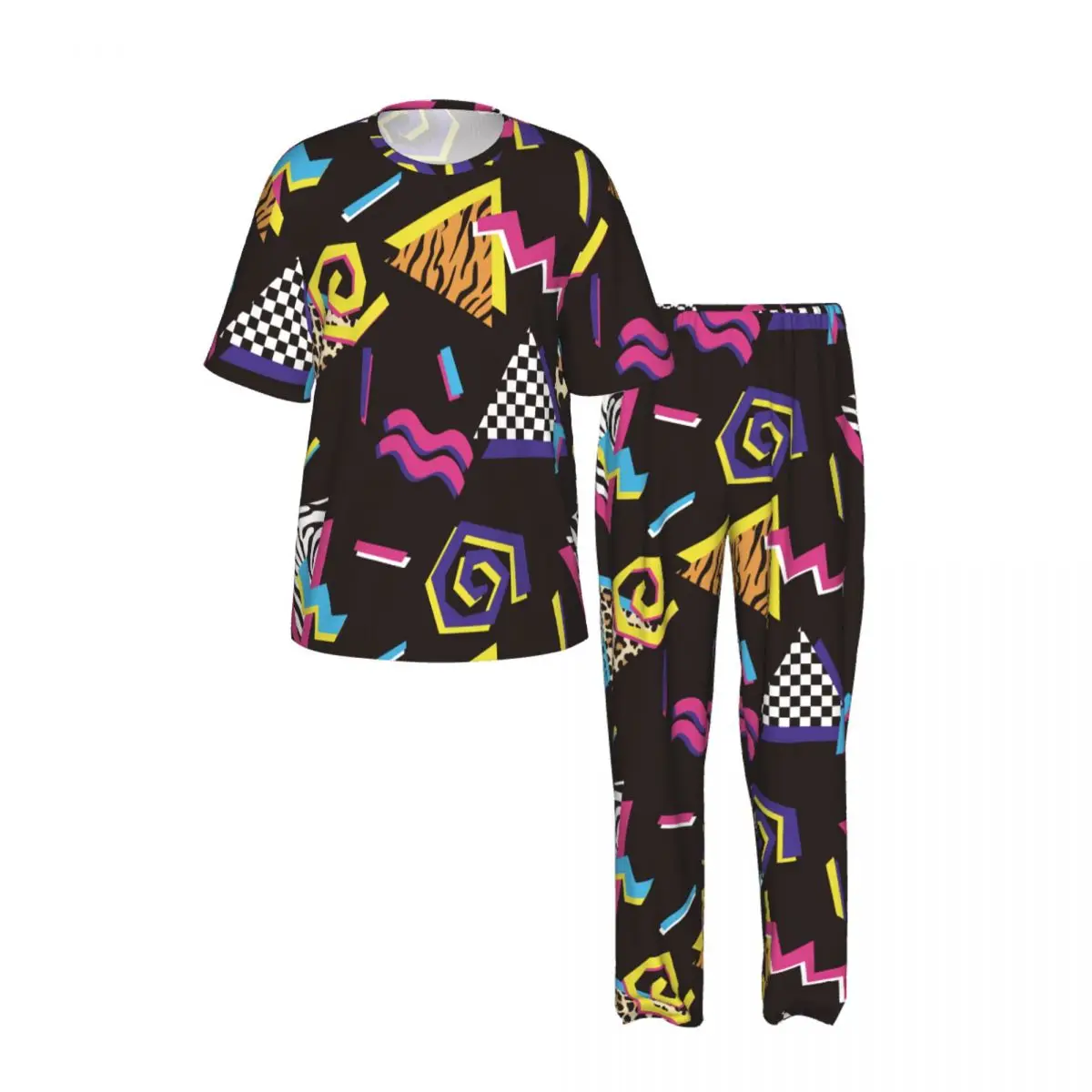 Men Pajamas Suit Short Sleeved Long Pants Abstract Shapes And Animal Prints 90'S Style Sleepwear Summer Home Clothing Set view 2