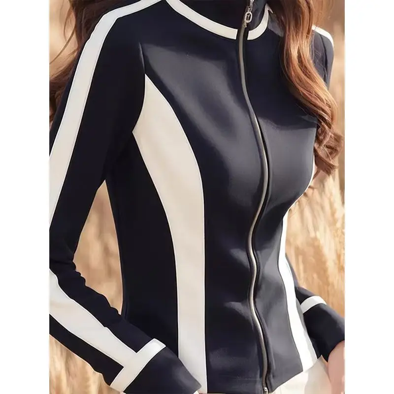 Black White Contrast Casual Zipper Hoodie Women Shirts Spring Autumn 2025 Korean Fashion Stand Collar Slim Jacket Office Lady