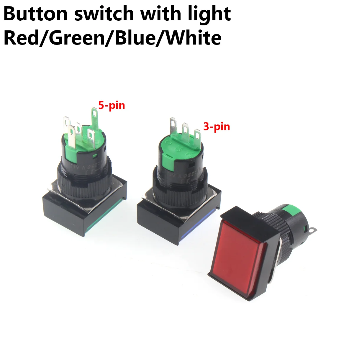 LA16-11CZ rectangular button switch with light, 16mm self-resetting and self-locking, 3-pin and 5-pin 12V 24V
