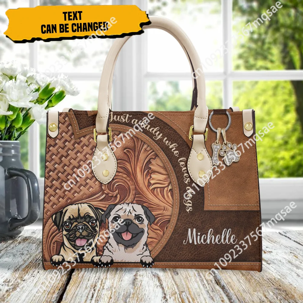 2023 Hot Sale Ladies Hand Bags Kawaii Pug Pattern Leather Handbags for Women Black Shoulder Strap Tote Bag Female Casual Bags