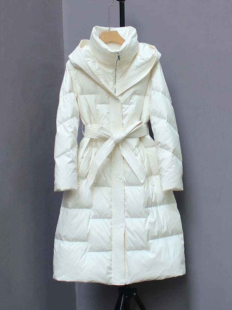 Long Down Jacket Women Over The Knee Thickened Waist 2024 Winter New Slim Fit And Slimming White Duck Down Jacket