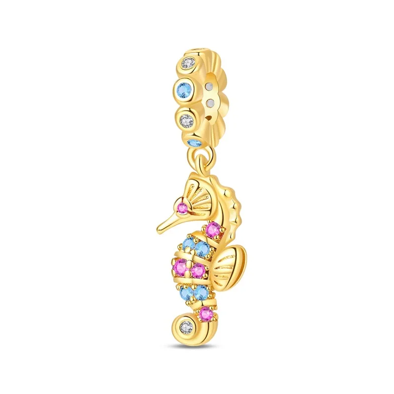 925 Sterling Silver Golden Seahorse Charms Pendant For Women Fit Original Bracelet DIY Birthday Party Jewelry Gifts