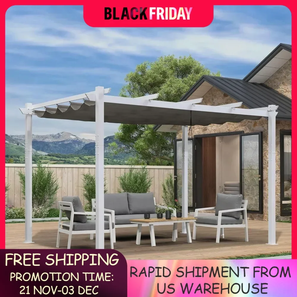 

10' x 13' Outdoor Retractable Awning Heavy-Duty Aluminum White Pergola with Sun Shade Canopy Modern Shelter for Garden