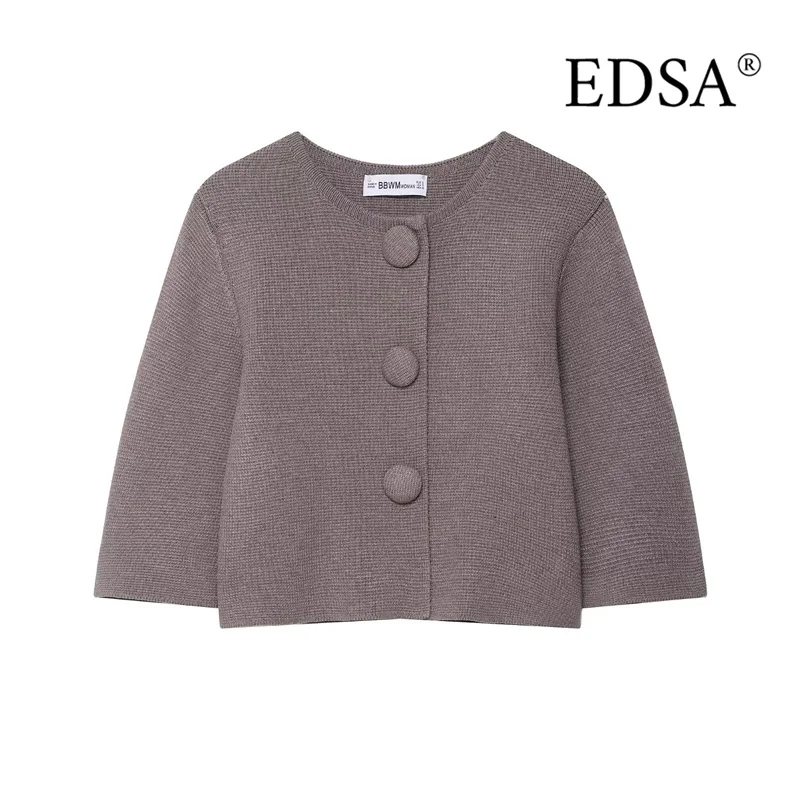 

EDSA Women Covered Buttoned Knitted Cardigan Single Brasted Half Sleeves Spring Cropped Sweater Tops