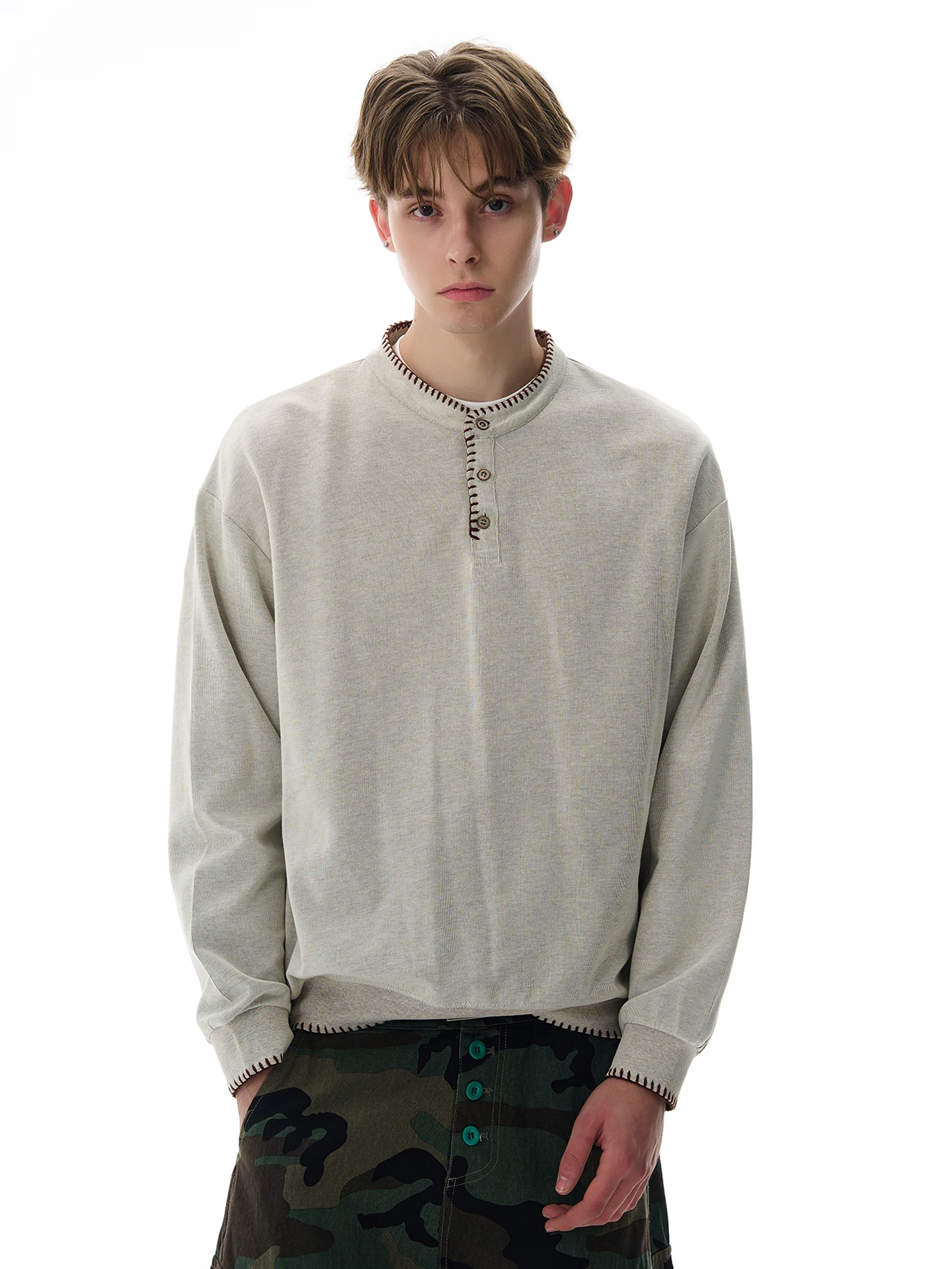 

American Retro Hand-Sewn Henley Knitwear Sweatirt Casual Loose Men's Faion Polyester Cotton Blend Warm Ci Walk