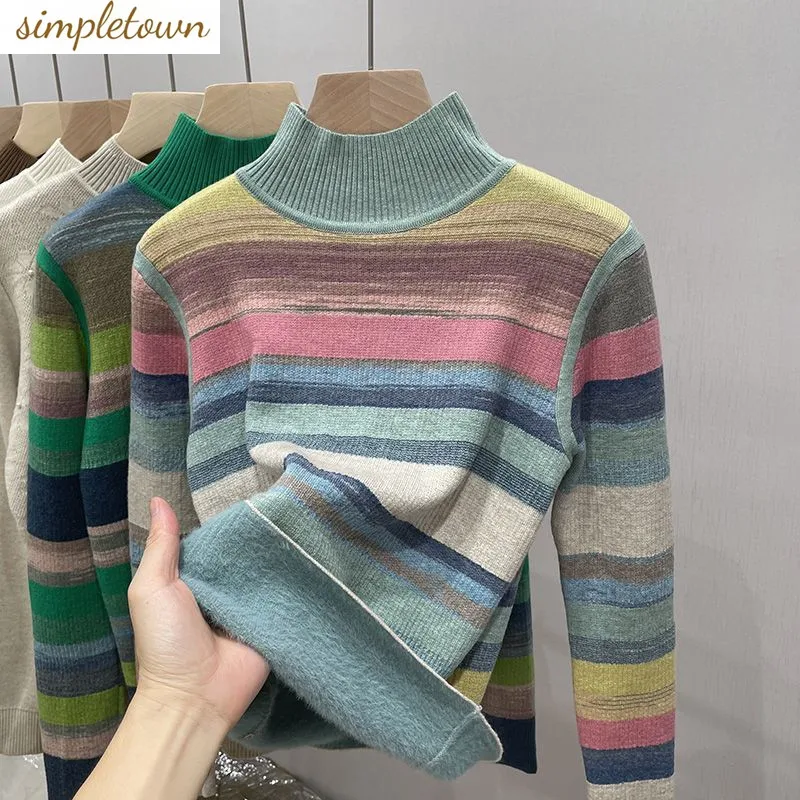 

2023 Autumn/Winter Korean Edition New Rainbow Stripe Sweater Thickened Knitted Half High Neck Warm Sweater