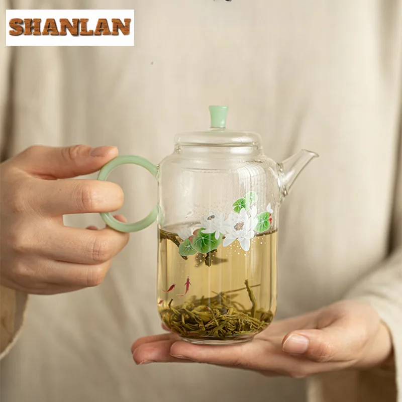 300ml High Borosilicate Glass Tea Pot Creative Fish Playing Tea Pot Heat-resistant Glass Pot With Green Handle Tea Maker Gifts