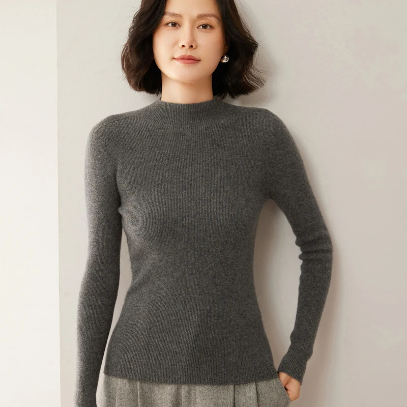 

Seamless Women's Knitted Cashmere Pullover Fashion Wool Sweater Half height Neck Long Sleeve Slim fit style Warm Basics Tops