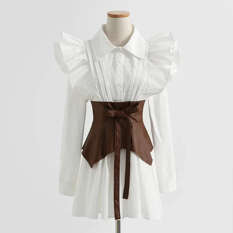 Gaun Kemeja Lengan Panjang Antik Perancis Gaun Pendek A-Line Lengan Puff Musim Semi Wanita Set 2 Potong Mode Pakaian Wanita Dsss