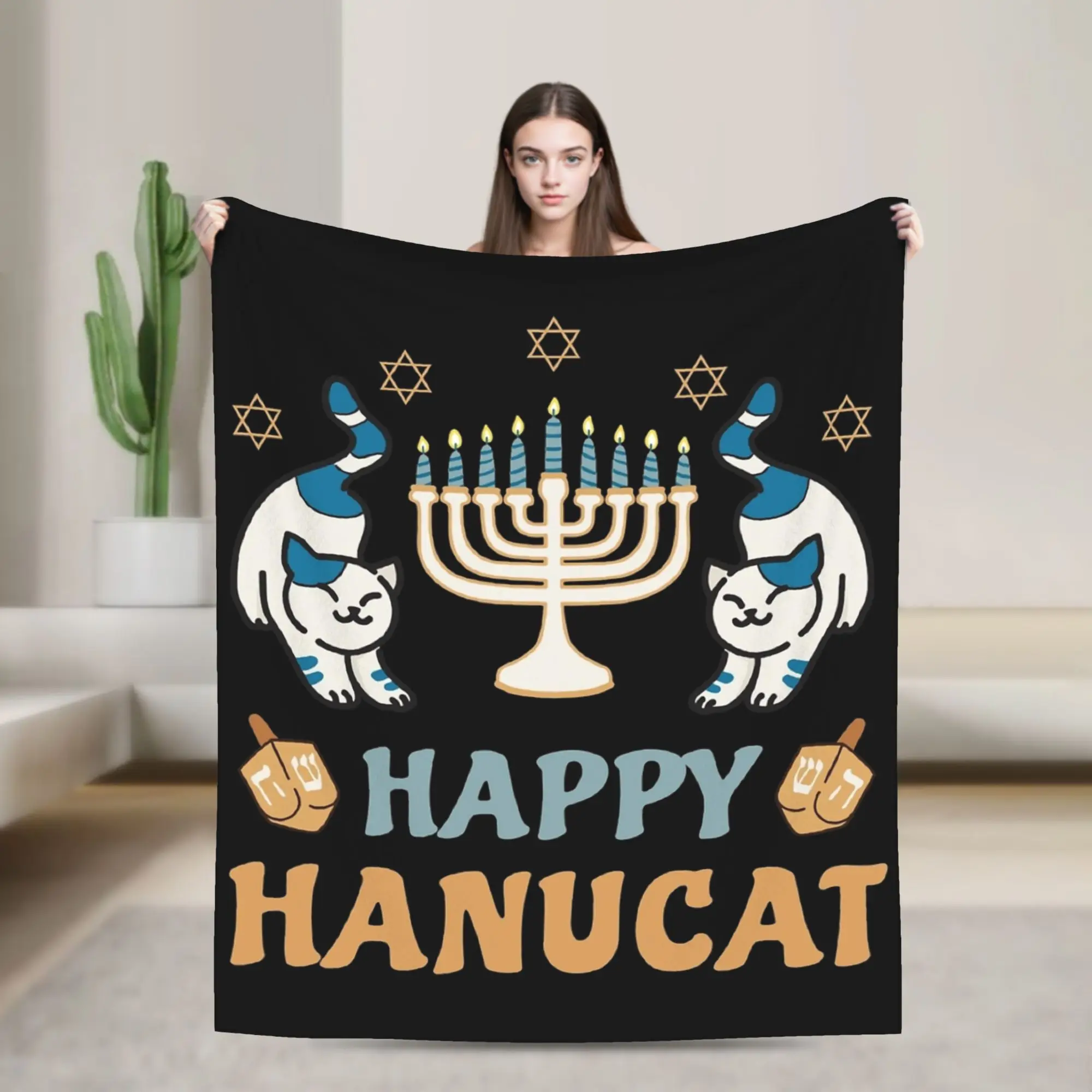 Happy Hanukkah Cat Menorasaurus Blanket Fleece All Season  Multi-function Super Soft Throw Blankets for Sofa Office Bedspread