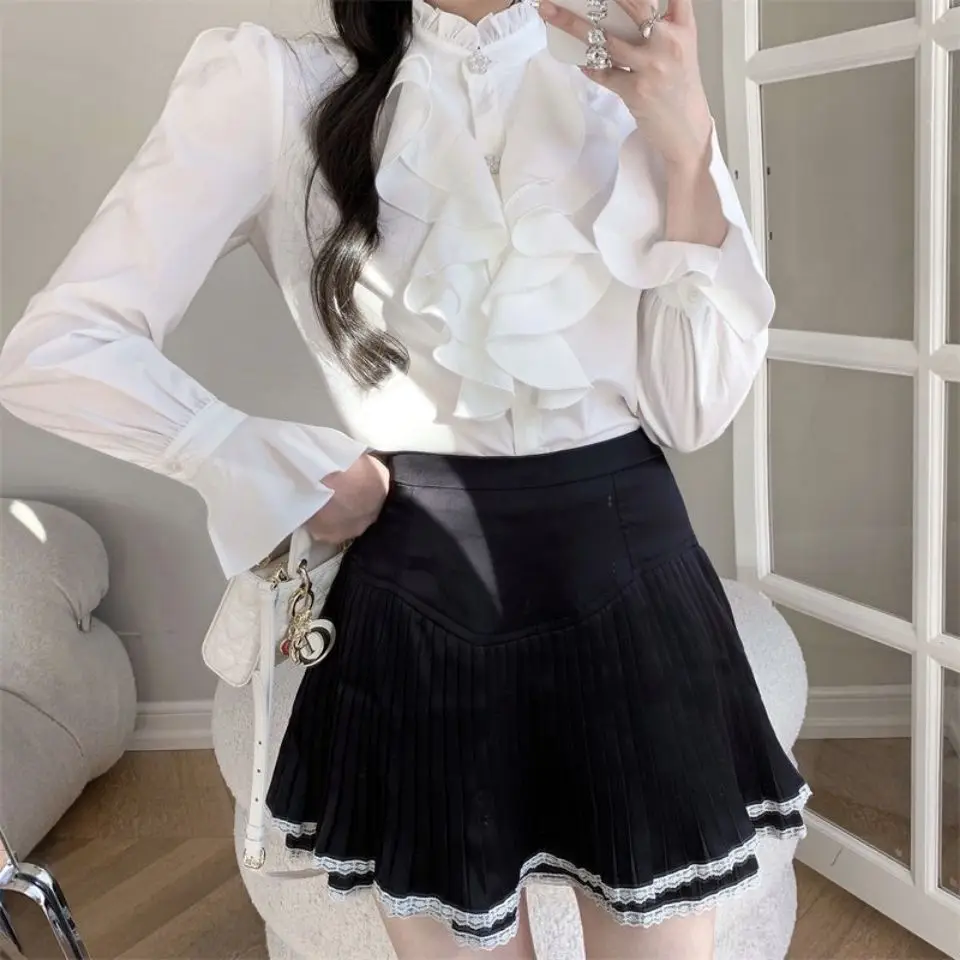 Women Blouse High Street Tops Korean Fashion Vintage Stand Collar Loose Long Sleeve Blouses Shirts Blusas Mujer White Shirt E139