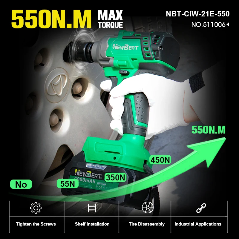 

NewBeat Portable Cordless Wrench 1/2 Battery Brushless Power Impact Wrenches Tools