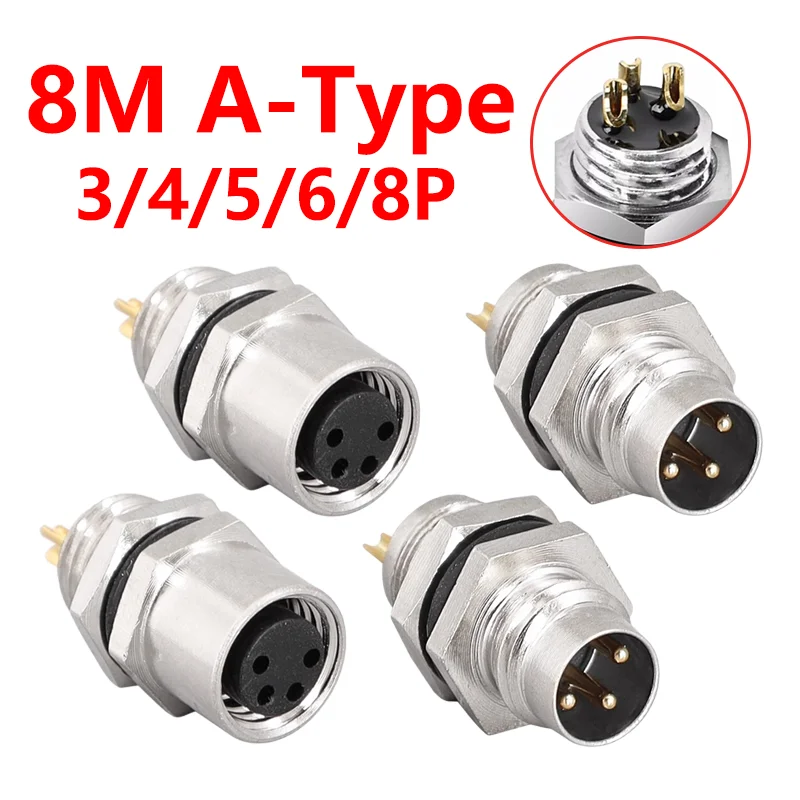 

M8 Sensor Connector Panel Front/Back Mount Screw Threaded 3/4/5/6/8-Core Pin Male Female Aviation A Type Flange Socket