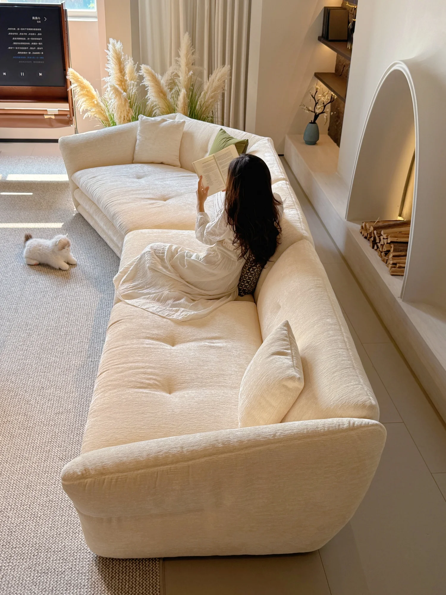 Cream Chenille Modular Sectional Sofa With Corner Flared Armrest Low Profile Deep Seat Oversized For Living Room Villa Home