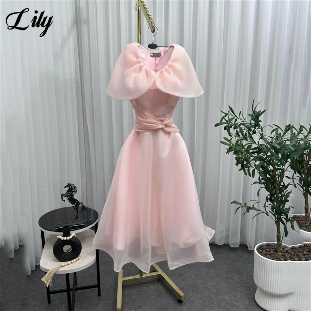 

Lily Pink Evening Dresses A Line Organza Formal Gown Cape Collar فساتين السهرة Waist Knot for Wedding Customized